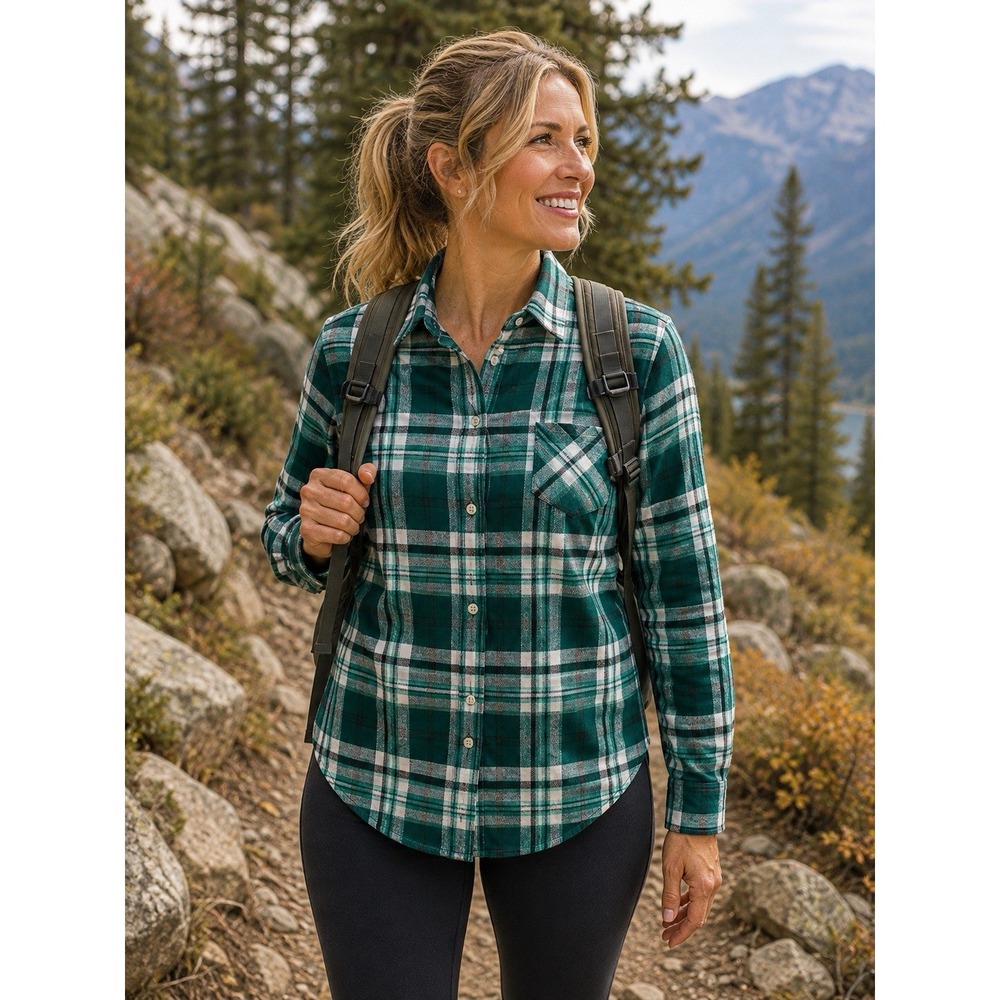 LOFT Women's Large Green Plaid Flannel Shirt 100% Cotton Button Down